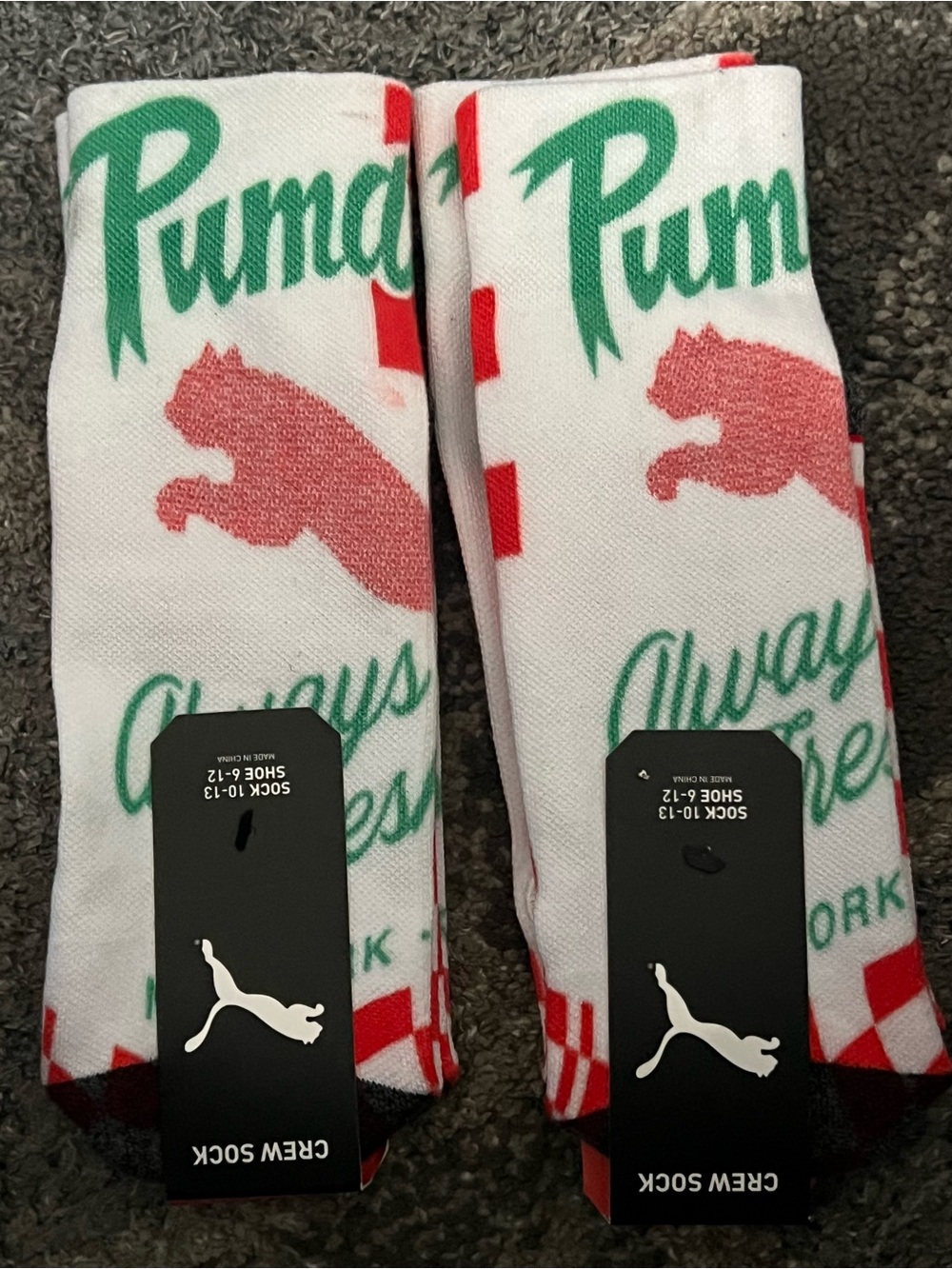 2-Puma White Crew Socks with Red & Green Holiday Print NWT